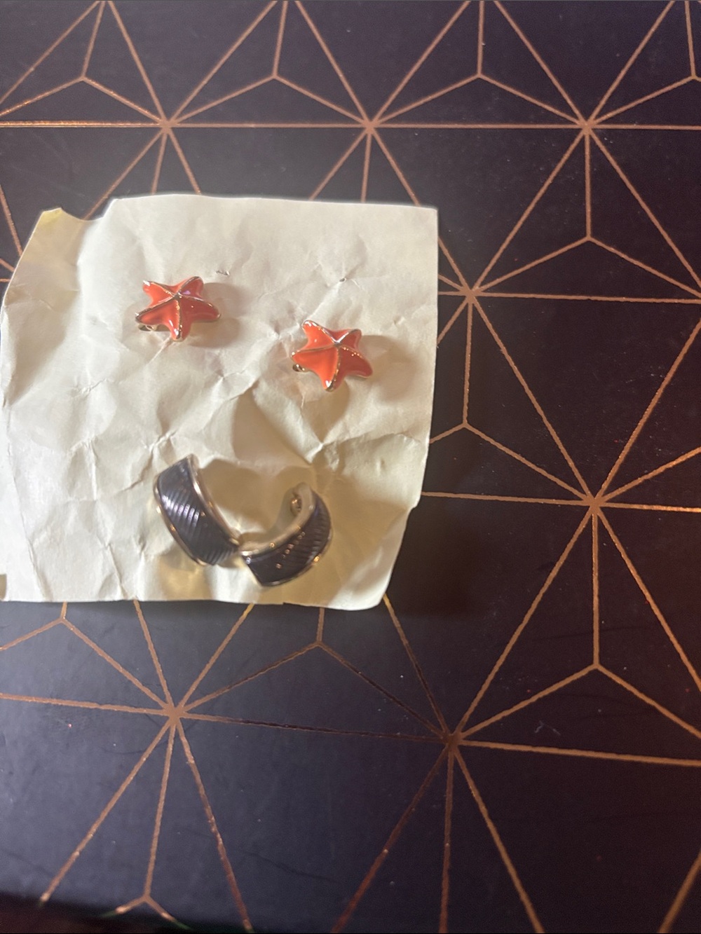 Orange Starfish Stud Earrings and Silver Hoop Set